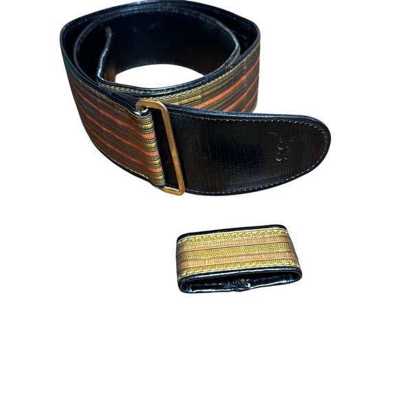 VTG 1970s Leather Striped Canvas Statement Belt Sz 33 Retro Mod Unisex Boho Med - Picture 7 of 10